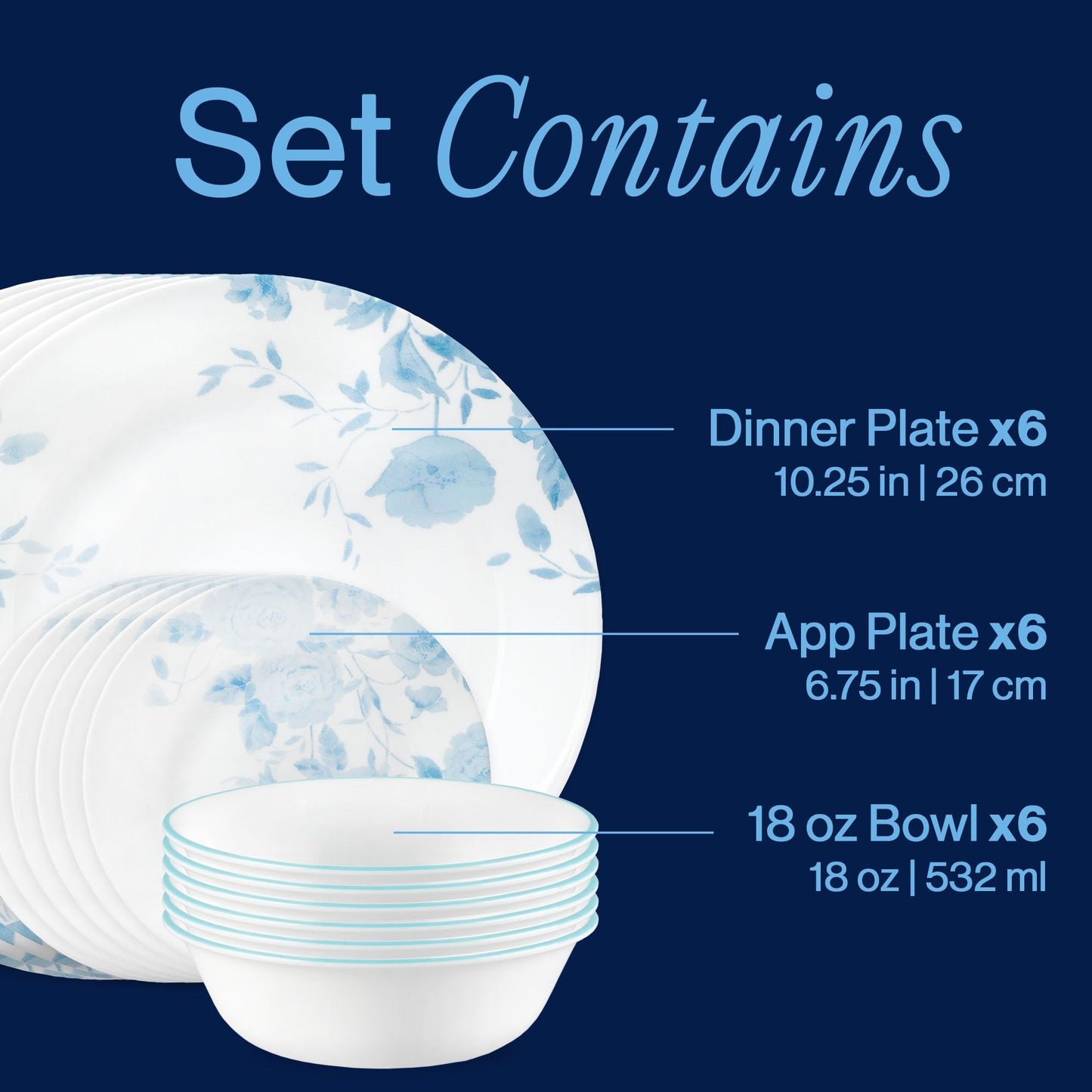 Corelle® Blue Bouquet 18-piece Dinnerware Set, Service for 6